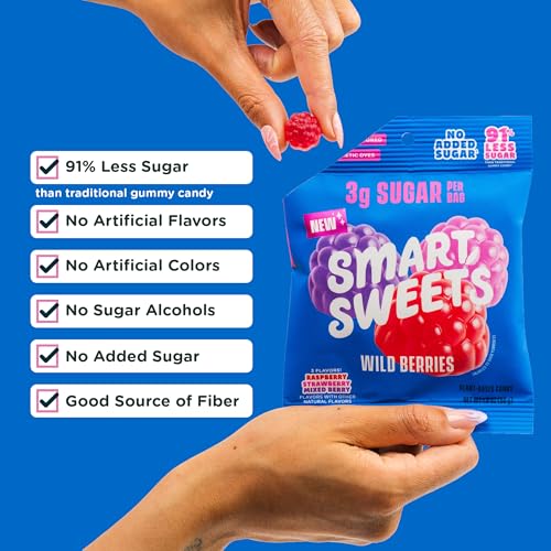 Image of SmartSweets Wild Berries, Gluten Free Gummies, Plant Based, Healthy Snacks for Adults & Kids, Fun Chewy Candy, Low Sugar, Fruit Flavored Snack, No Artificial Sweeteners, 50g Bags, 14 Pack