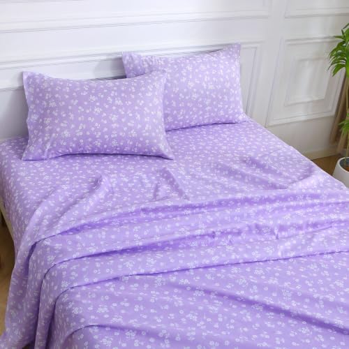 Image of Viviland Full Sheet Set - 4 Piece Cute Purple and White Flower Patterned Bed Sheets - Soft, Breathable Microfiber Sheets with Deep Pocket, Non-Slip Fitted Sheets & Pillowcases