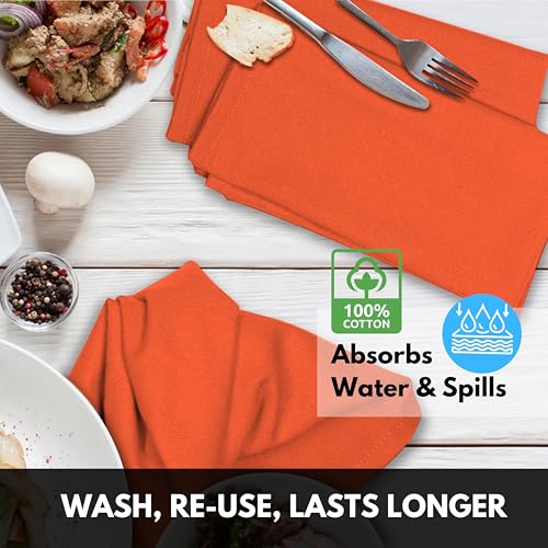 Image of Cloth Napkin 100% Cotton 17 inchx17 inch Decorative Washable Table Napkins Set of 12 for Dining, Holidays, Buffet Parties & Wedding Use - Orange