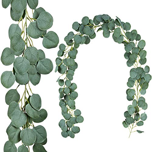 TOPHOUSE 2 Pack Artificial Eucalyptus Garland, 6.5ft Silver Dollar Leaves Fake Greenery Vines for Wedding Backdrop Arch Table Runner Wall Decor, Grey Green