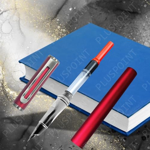 Image of PLUSPOINT Stainless Steel Fountain Pen Stunning Luxury Pen with Metallic Red Finish, Iridium Nib, Pen Gift for Men & Women, Professional, Executive Office, Nice Designer Pens for kids