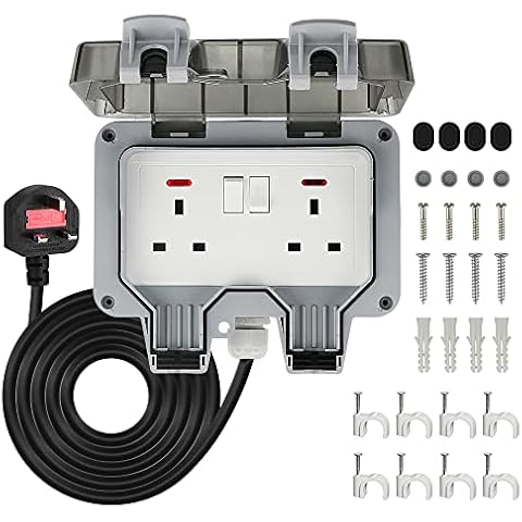 Outdoor Socket, Outdoor Double Plug Sockets Waterproof IP66 with 3m Extension Lead, Weatherproof Outdoor Plug Sockets, Exterior Wall Garden 2 Gang Storm Switched Socket Outside Power Socket Cover