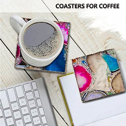 Sysnocon Rainbow Agate Coasters For Drinks, Natural Square Crystal Coaster Set Of 4, Colorful Geode Coasters With Gold Edge, Gemstone Coasters For Home Decor, Coffee Table, Gifts For Housewarming #TOP1