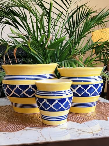 Image of Niyara Stylish Ceramic Pots Planters for Indoor Plants,Succulent,Outdoor,Balcony,Home,Garden,Office (Set of 3) Size -Large 9 inches 7 inches & 5 inches (Moroccan Blue Yellow)