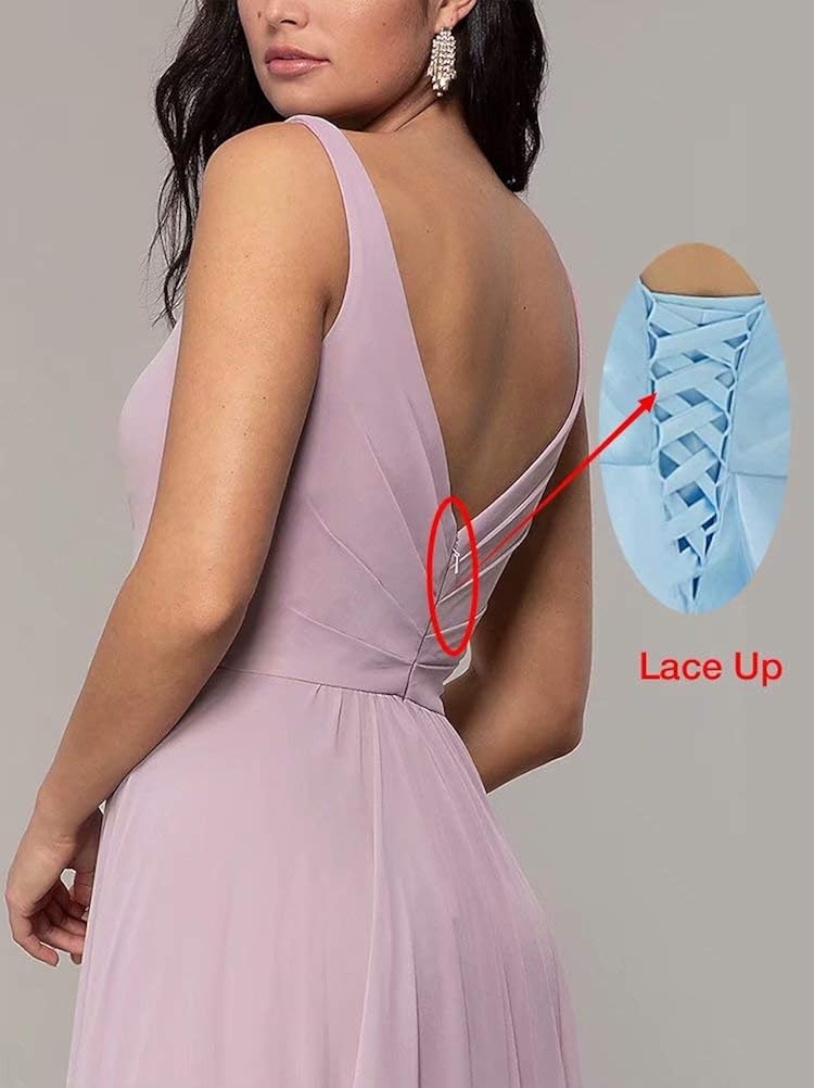 Miniatura 5 de Vestido largo de dama de honor con cuello en V, vestido de gasa acampanado para boda, vestido formal con abertura