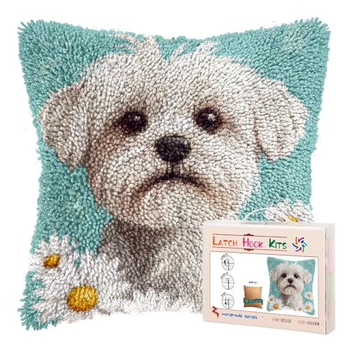 DIY Latch Hook Pillow Kits for Adults Cute Maltese Dog in Daisy Flowers Printed Pillowcase Crochet Yarns Hooking Handmade Pillow Cover Cushion for Home Sofa Decor 17x17inch(1)