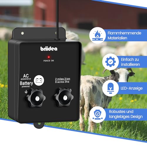 HEFC-04DE 230V Weidezaungerät, Briidea 2-Meile 8 Acres 2-in-1 Elektrischer Zaunladegerät betrieben von Batterie oder Netzadapter, 3 Joule, Schützen Sie Ihr Vieh, Gartenweide vor Wildtieren