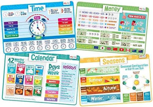 merka Educational Placemats for Kids: Fun & Interactive Table Mats, Perfect for Toddler Through Grade School Age Children - Set of 4 Wipeable Silicone Mats, Time, Money, Calendar, and Seasons