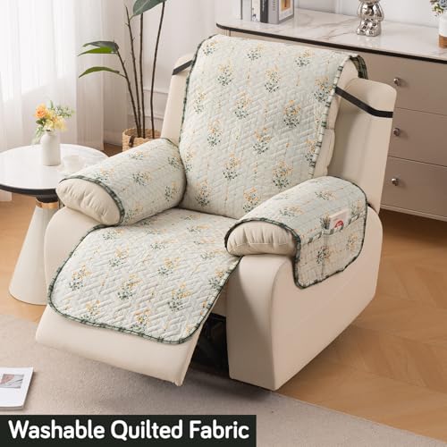 Image of HOKIPO 'HomeHues Series' Quilted Cover for Recliner Sofa 1 Seater with SecureFit Belt & Side Pocket, Light Green Ash Gypsy Flower (IN-828-D5)
