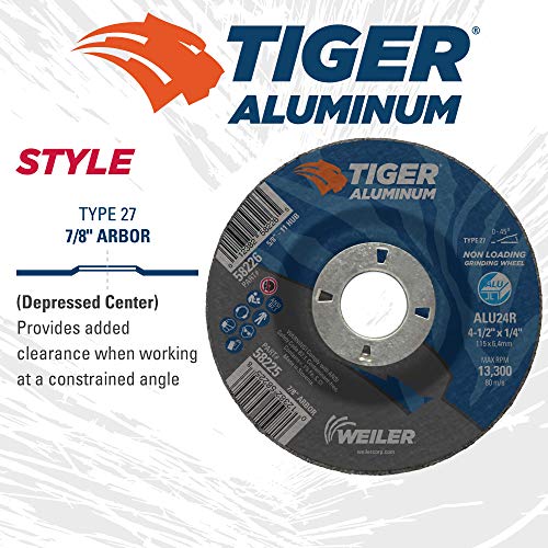 Image of Weiler 58225 4-1 /2 x 1 /4 Tiger Aluminum Type 27 Grinding Wheel ALU24R 7 /8 A.H (Pack of 10)