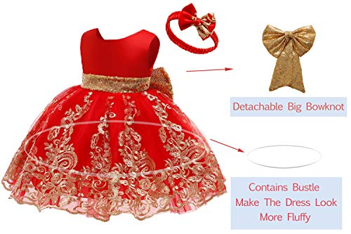 0-6T Big Bowknot Sequins Embroidered Lace Party Tutu Gown Toddler Baby Girls Dress With Headwear Easter Ball Gown Dress Red 120 #TOP2