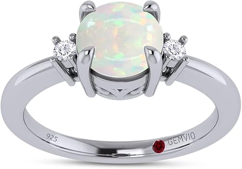 Anillo solitario redondo de ópalo blanco natural de 0.236 in y diamante en oro de 14 quilates sobre plata de ley, anillo de compromiso de