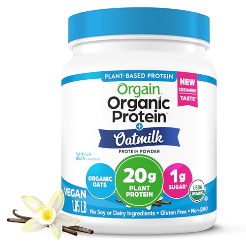 Orgain Organic Vegan Protein Powder + Oat Milk, Vanilla Bean - 20g Plant Based Protein, Gluten Free, No Dairy, Soy or Lactose Ingredients, Low Sugar, Non-GMO, Kosher, For Shakes & Smoothies - 1.05lb