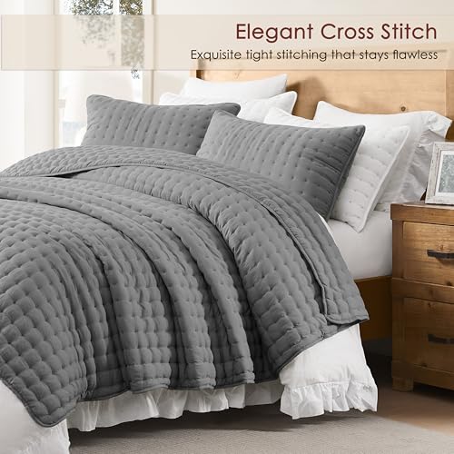 Image of WDCOZY Cloud Soft Quilt Set, Queen Size, Dark Grey, 3 Pieces 90x90 inches