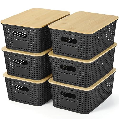 6 pcs Storage Bins with Bamboo Lids - Plastic Storage Containers ...