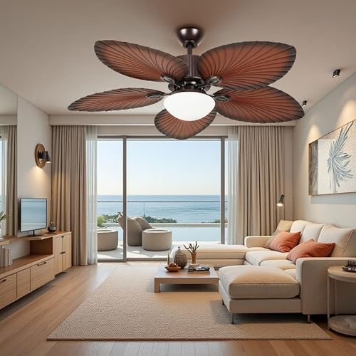 DWVO 52" Tropical Ceiling Fan with Light & Remote, LED Tri-Color Temperature, 5-Blade Ceiling Fans with 6-Speed Reversible DC Motor, Includes 6"/12" Downrods for Living Room, Bedroom, Dining Room