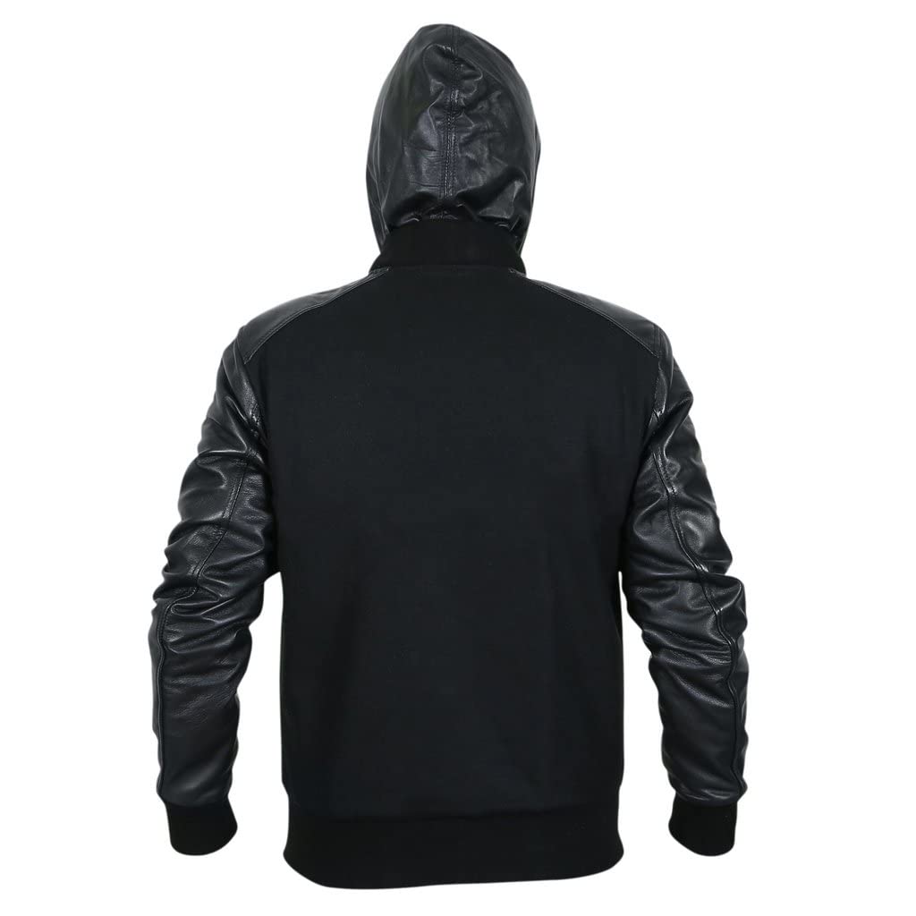 Chaqueta de lana y forro polar negro para hombre, con mangas de piel sintética y capucha extraíble, ajuste delgado, peso pesado para hombre, con capucha casual, Negro - Forro polar., XS