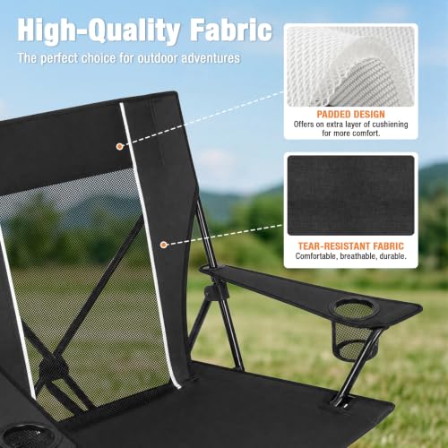 Image of Romswi Portable Folding Camping Chair for Adults, Heavy Duty Outdoor Sports Chair with Dual Cup Holders, Side Pocket and Carry Bag, Camping Chair for Lawn, Beach, Fishing, Picnic and Tailgating,Black