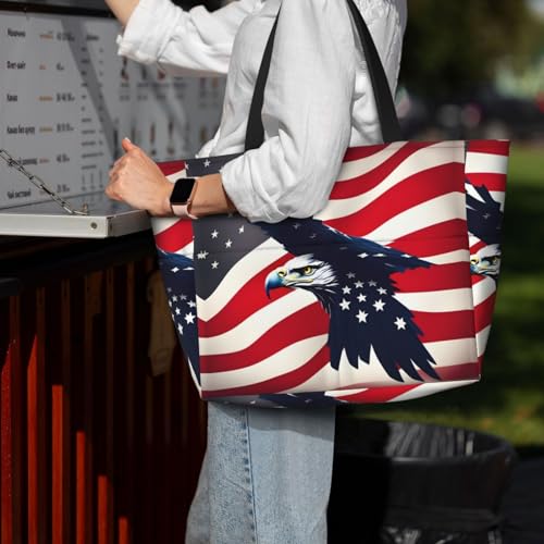 American Flag Fly Eagle Large Beach Tote Bag Women Beach Tote Bag For Pool Gym Grocery Travel With Multiple Pocket 7