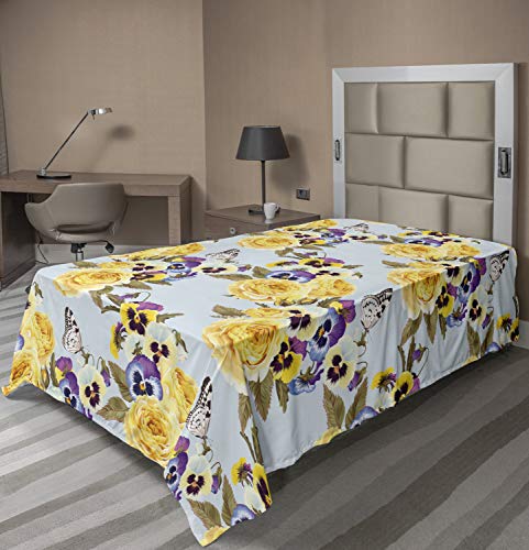 Ambesonne Pansy Flat Sheet, High Detailed Roses Flowers Along Butterflies Pattern, Soft Comfortable Top Sheet Decorative Bedding 1 Piece, Twin Size, Pale Blue Multicolor