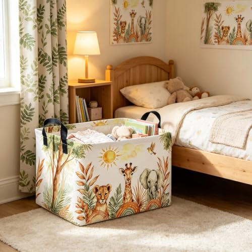 Image of Rectangular Animal Baskets,Collapsible Gift Basket with Handles,Book Bins,Shelf Basket(Yellow animal)