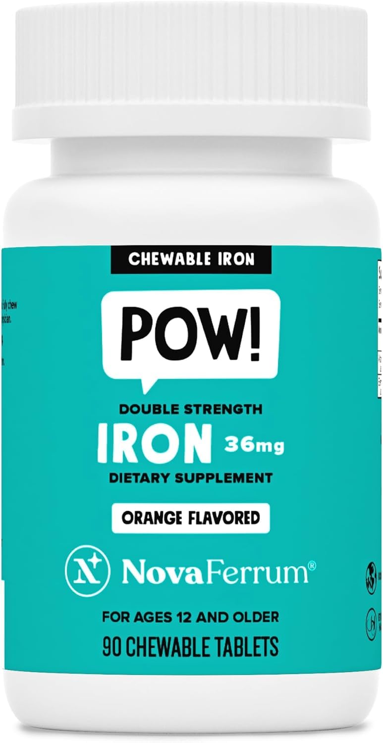 Pow | Chewable Iron Supplement for Kids & Adults Ages 12 and Over | Anemia | 36mg of Iron | 90 Servings | Sugar Free | Vegan