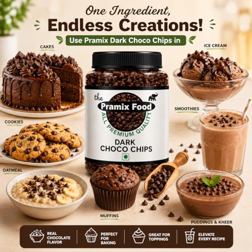 Image of Pramix Premium Quality Dark Choco Chips | 400 g | Choco Chips for Cake Decoration, Cookies, Brownies, Muffins, Overnight Oats, Ice Creams & Dessert | Ideal for Baking & Garnishing