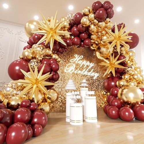 EICUECUE Burgundy and Gold Balloons Arch Kit - 158Pcs Burgundy Maroon and Metallic Gold Balloon Garland Kit for Birthday Wedding Anniversary Bridal Bachelorette Wedding Mothers Day Party Decorations