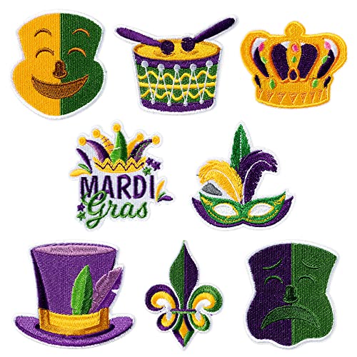 Kirako 8Pcs Mardi Gras Themed Iron on Patches Carnival Fleur de Lis Mask Crown Sew on Embroidered Applique New Orleans Holiday Celebration Repair Patch DIY Crafts Projects for Clothing Backpack Hat