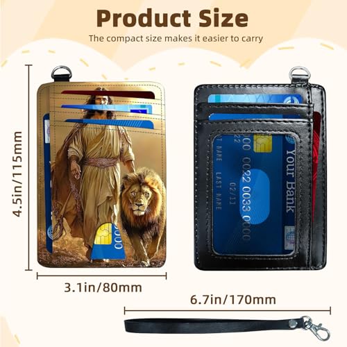 Ultra-Thin Front Pocket Wallet with Wrist Strap, RFID Blocking Security Pockets for Business Card Holder, PU Leather Secure Multi-slot Card Pocket, Lion Of Judah Jesus3