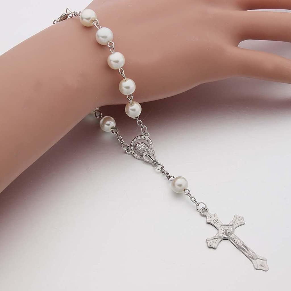 2PCS Catholic Prayer Pearl Beads Rosary First Holy Communions Gift Auto Car Rear View Amulet Charm Crucifix Be Rosary for Women Silver Men Gold Catholic Bulk Girls Kit Bulk
