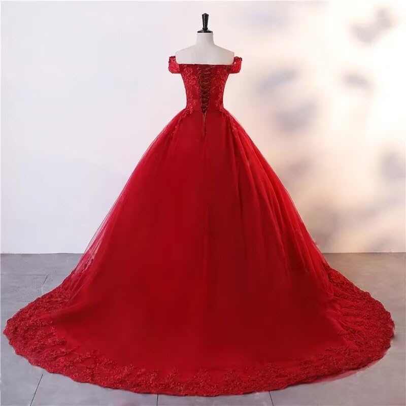 Off Shoulder Quinceanera Dresses with Train Lace Applique Ball Gown Sweet Party Prom Dress2