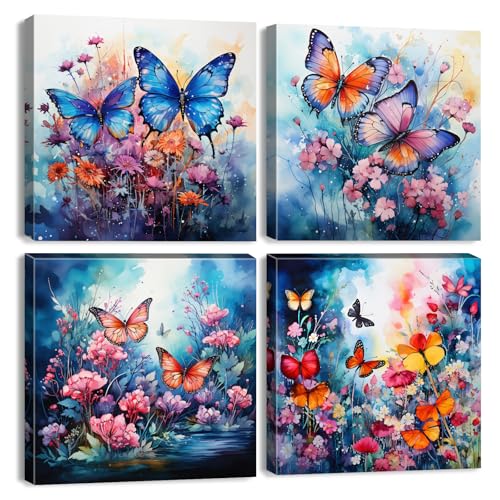 Blue Butterfly Wall Art Colorful Flower Pictures...