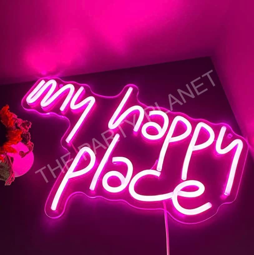 THE PARTY PLANET My Happy Place Neon Sign LED Light Up Pink Neon Letters Room Aesthetic Accessory 28 cm x 40 cm Acrylic Wall Mount Glam Neon Light Board-image-22