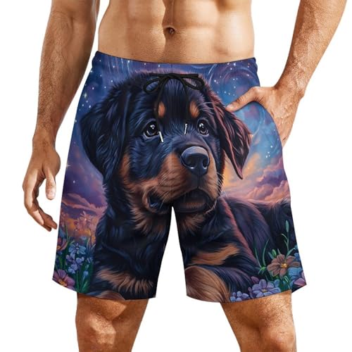 Rottweiler Flowers Mens Swim Trunks with Quick-Drying Lining Beach Shorts for Outdoor Sports