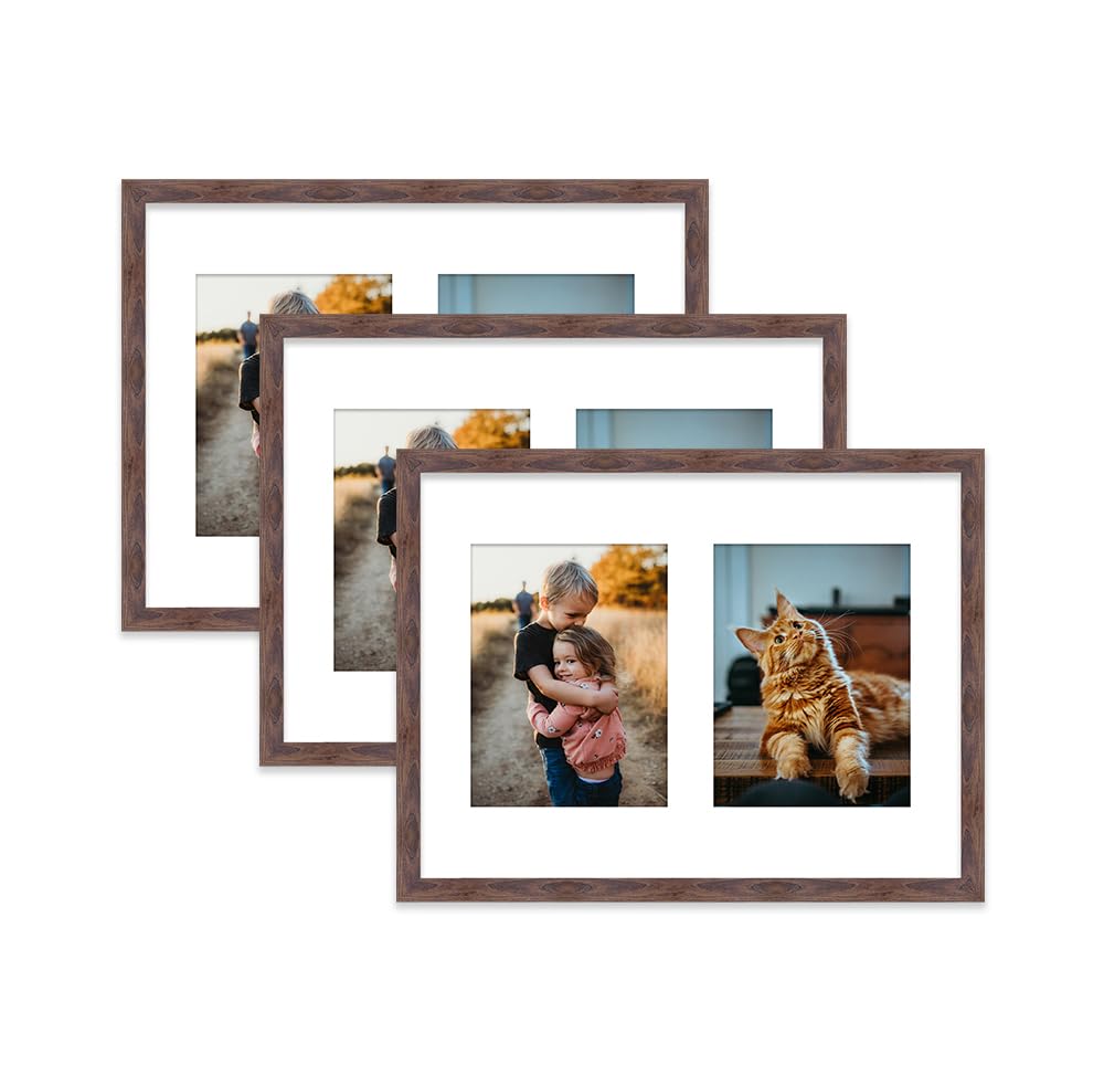 Walnut Multi Photo Frame - Holds 2 x 8x6 Pictures, Family Collage Picture Frame for Wall Display, 16x12 Frame size, Set of 3