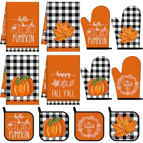 Pickmesh 12 Pcs Fall Kitchen Towels and Oven Mitt Sets 4 Maple Leaf Oven Mitts 4 Harvest Dish Towels and 4 Plaid Pot Holders Pumpkin Cooking Accessories for Thanksgiving Autumn Kitchen Decoration