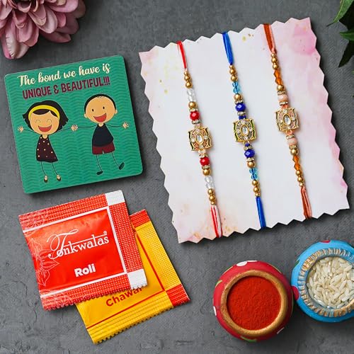 Image of Set of 3 Designer Rakhi for Brother | Combo with Fridge Magnet, Tilak Set (Roli-Chawal), and Greeting Card | Rakhi Set for Brother