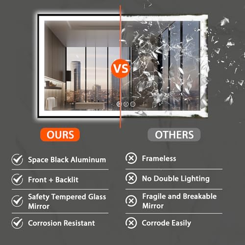 60x40 LED Mirror for Bathroom, Black Metal Framed, Vanity Mirror with Lights, 3 Color Modes, Dimmable CRI90+, Double Lights, Anti-Fog, Shatter-Proof, Waterproof, Memory (Horizontal/Vertical)