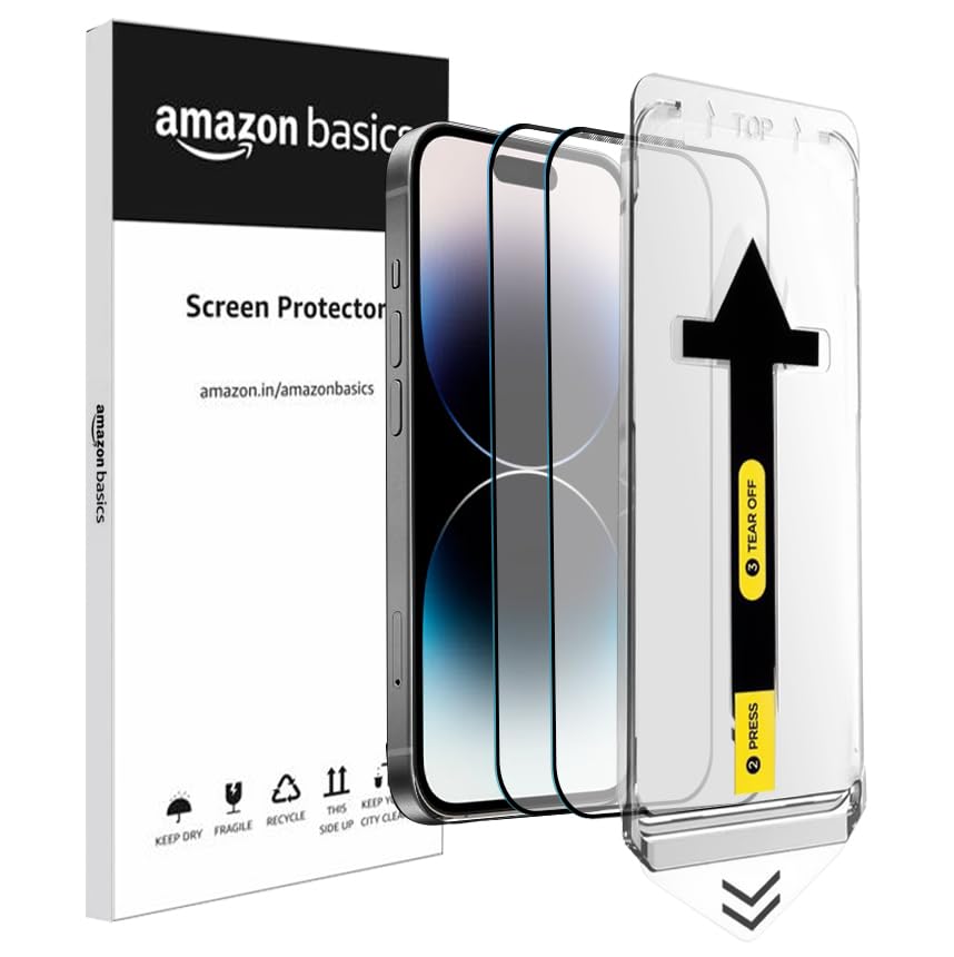 amazon basics Easy Fit Screen Protector Bubble Free Tempered Glass Compatible for iPhone 14 Pro (with auto align easy applicator) - Pack of 2