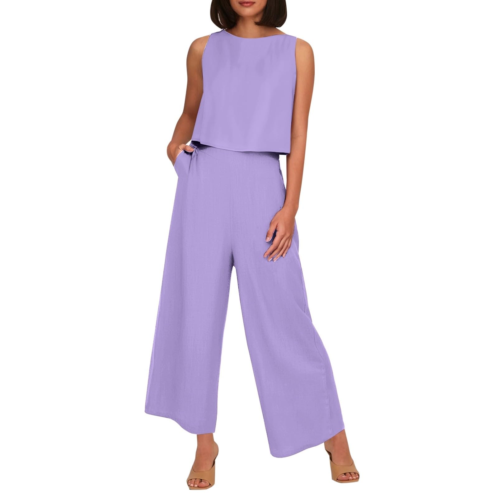 Damen Zweiteiler Sommer Musselin Hosenanzüge Elegant Tank Top Und Hose Leinen Baumwolle Freizeitanzug Casual Leicht Anzug Ärmelloses Einfarbig Loungewear, S-4Xl