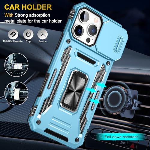 Image of Polycarbonate Slide Camera Cover with Ring Holder Mobile Phone Back Cover for iPhone 16 Pro (Blue)