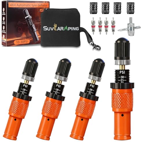 Image of SUVCARMPING Adjustable Auto-Stop Tire Deflator Valve Kit (10-30 PSI) 4 PCS Screw-on Tyre Air Down Tool for Offroad 4x4, Orange