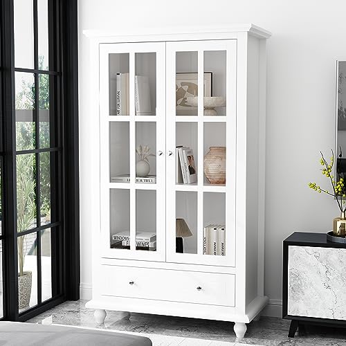 ECACAD Bookcase Storage Cabinet with Glass Doors & Drawer, 3-Tier Wooden Bookshelf Display Cabinet for Living Room, Home Office, White (31.5”L x 15.7”W x 55.1”H)