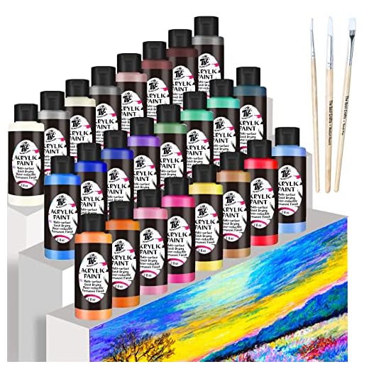 TBC Pintura Acrílica 24 x 60 ml (2fl.oz) en Botes Kit con 3 Pinceles y Pintura No Tóxicos Pigmentos Ricos para Artistas Adultos Niños Lienzo Papel Madera Cerámica, Ocios Creativos