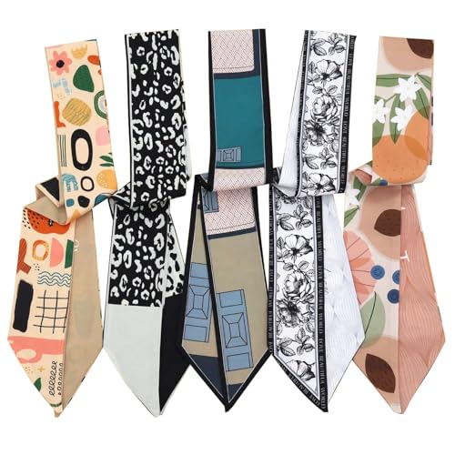 AIBFRID 5PCS Purse Scarf Handbags for Women, Satin Scarf for Bag Lightweight Skinny Twill Boho Headbands Stylish Hair Accessories