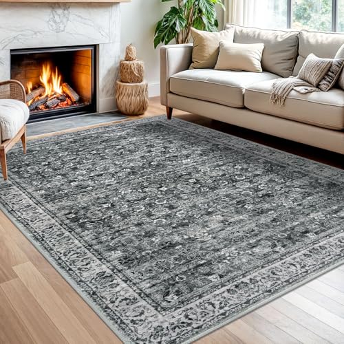 Moss Charcoal 5x7 Area Rug for Living Room, Large Vintage Rug with Non-Slip, Non-Shedding Washable Rugs for Bedroom, Soft Traditional Floral Carpet for Farmhouse Nursery Office Home Décor