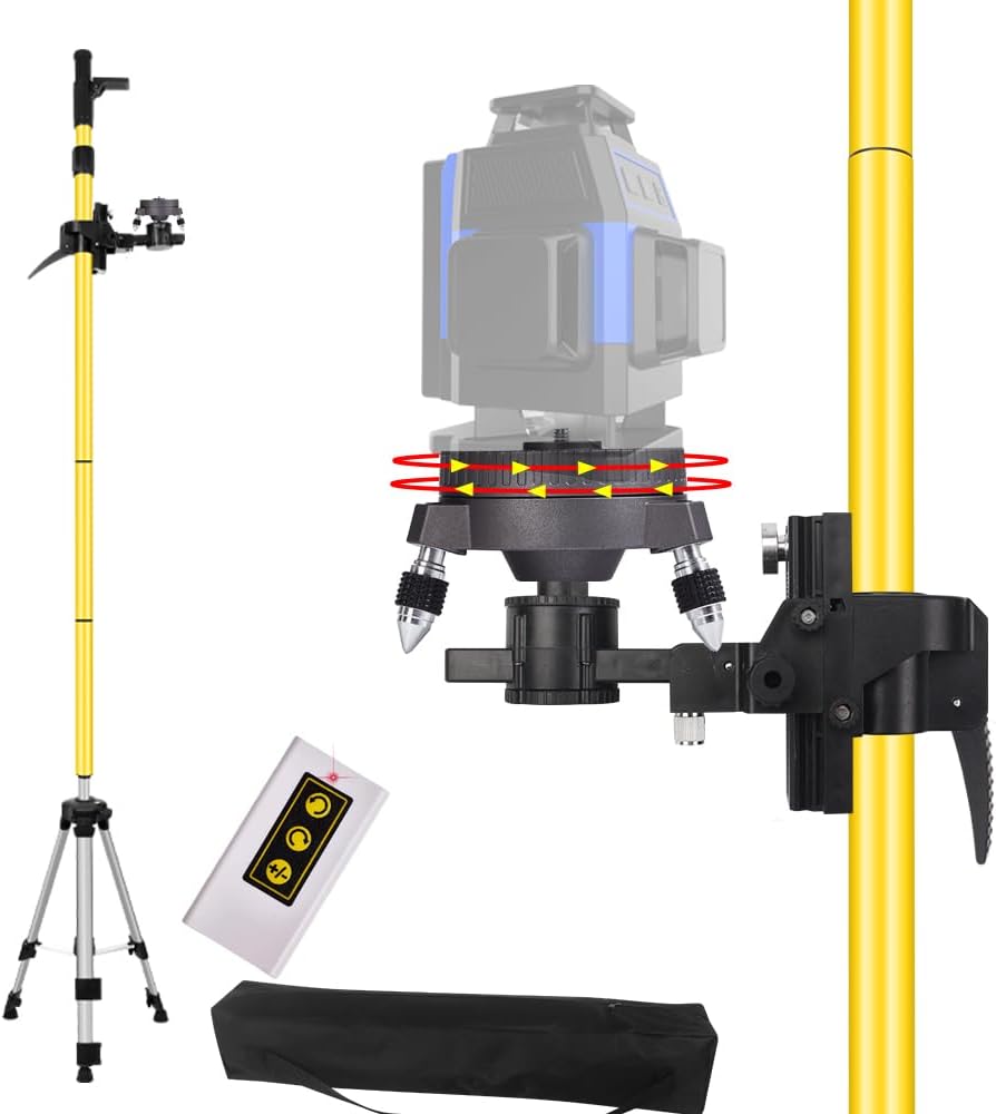 Electric rotating base pole,Used for laser level, 13.8 feet/4.2M with 47 in tripod with 1/4 inch 5/8-inch screw threads thread for Rotary and Line Lasers