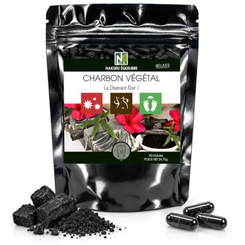 NAKURU | Charbon Végétal | Gamme Équilibre | Fabriqué en France | "Le Diamant Noir!" | (90 Gélules de 275mg / Poids Net: 24,75g)
