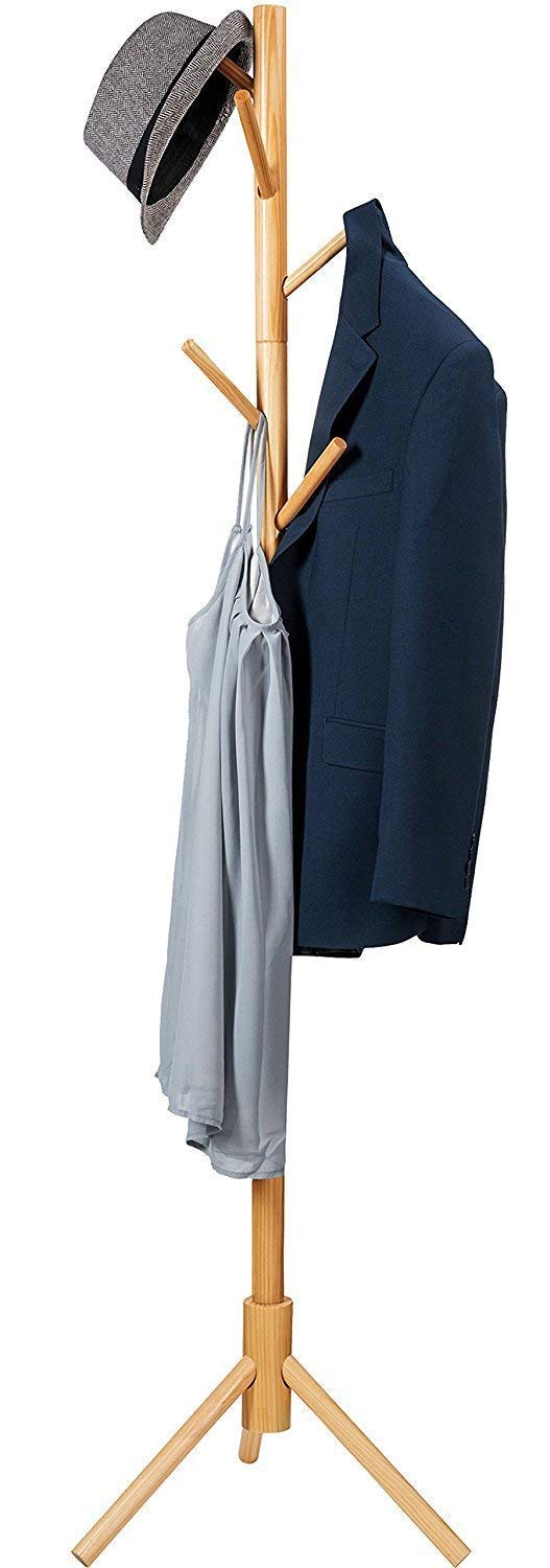 House of Quirk Bamboo Coat and Hat Rack 8 Hooks Coat Stand Clothes Rack Solid Feet for Clothes Scarves and Hats (Design 3 Light Brown)-image-2